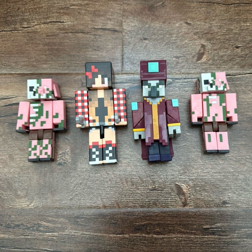 Minecraft 4-Piece 3.5” Figures Zombie Pigman, Villager, & Custom Plaid Girl